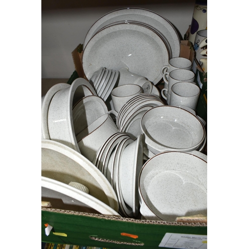 387 - FIVE BOXES OF CERAMICS AND GLASS WARES, to include a fifty one piece Poole Pottery Parkstone dinner ... 