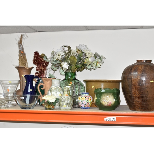 390 - CERAMIC AND GLASS VASES, BOWLS AND STORAGE JARS ETC, to include hand painted Denby vases, glass pede... 