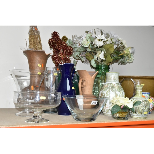 390 - CERAMIC AND GLASS VASES, BOWLS AND STORAGE JARS ETC, to include hand painted Denby vases, glass pede... 