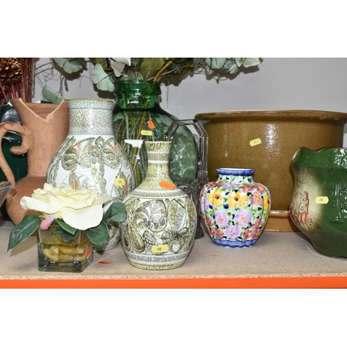 390 - CERAMIC AND GLASS VASES, BOWLS AND STORAGE JARS ETC, to include hand painted Denby vases, glass pede... 