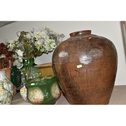 390 - CERAMIC AND GLASS VASES, BOWLS AND STORAGE JARS ETC, to include hand painted Denby vases, glass pede... 