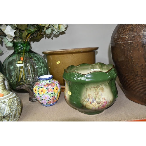 390 - CERAMIC AND GLASS VASES, BOWLS AND STORAGE JARS ETC, to include hand painted Denby vases, glass pede... 