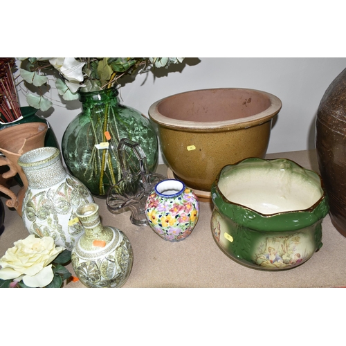 390 - CERAMIC AND GLASS VASES, BOWLS AND STORAGE JARS ETC, to include hand painted Denby vases, glass pede... 