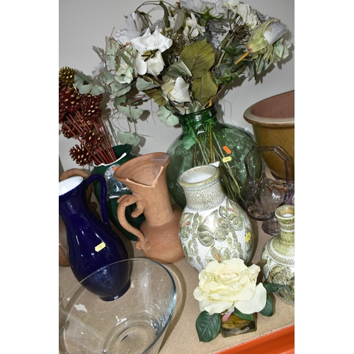 390 - CERAMIC AND GLASS VASES, BOWLS AND STORAGE JARS ETC, to include hand painted Denby vases, glass pede... 