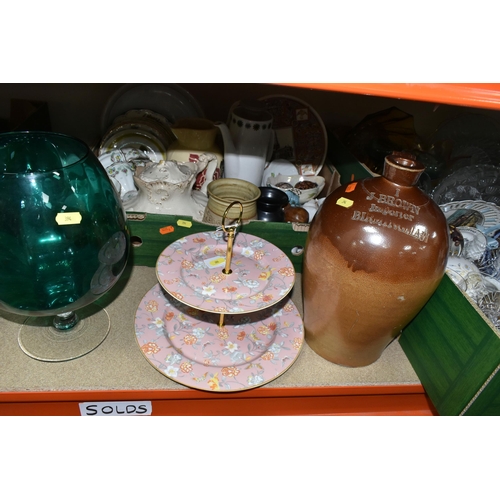 394 - THREE BOXES AND LOOSE CERAMICS AND GLASS ETC, to include a salt glazed stoneware flagon, impressed J... 