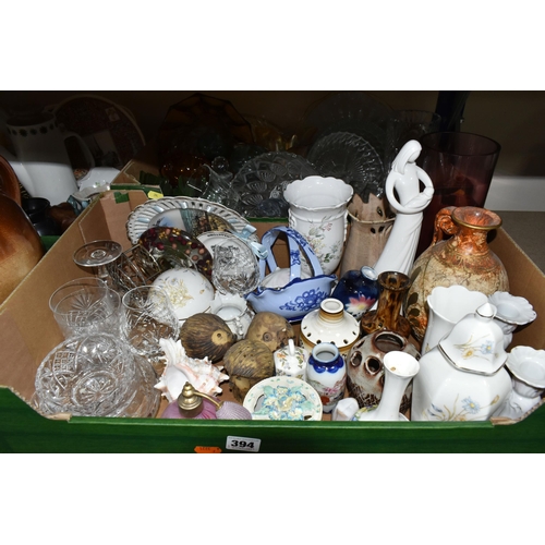 394 - THREE BOXES AND LOOSE CERAMICS AND GLASS ETC, to include a salt glazed stoneware flagon, impressed J... 