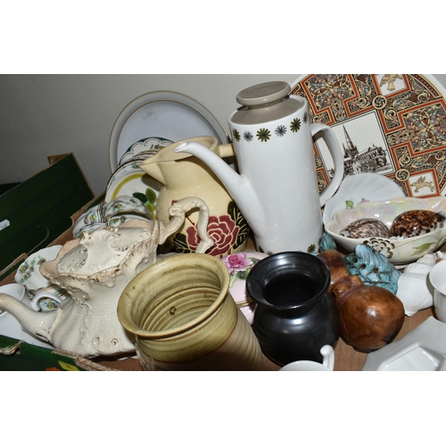 394 - THREE BOXES AND LOOSE CERAMICS AND GLASS ETC, to include a salt glazed stoneware flagon, impressed J... 