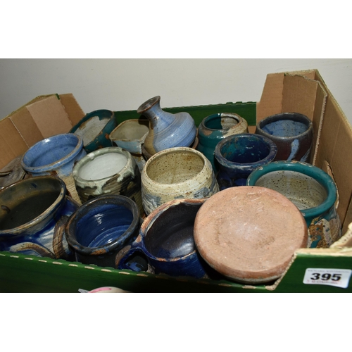 395 - TWO BOXES AND LOOSE STUDIO POTTERY, to include jugs, storage jars and bowls etc, some impressed C.H.... 