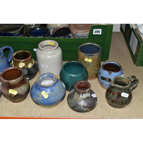 395 - TWO BOXES AND LOOSE STUDIO POTTERY, to include jugs, storage jars and bowls etc, some impressed C.H.... 