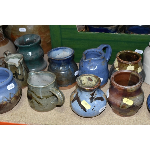 395 - TWO BOXES AND LOOSE STUDIO POTTERY, to include jugs, storage jars and bowls etc, some impressed C.H.... 