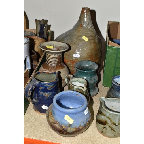 395 - TWO BOXES AND LOOSE STUDIO POTTERY, to include jugs, storage jars and bowls etc, some impressed C.H.... 