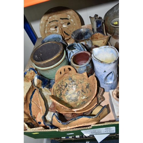 395 - TWO BOXES AND LOOSE STUDIO POTTERY, to include jugs, storage jars and bowls etc, some impressed C.H.... 