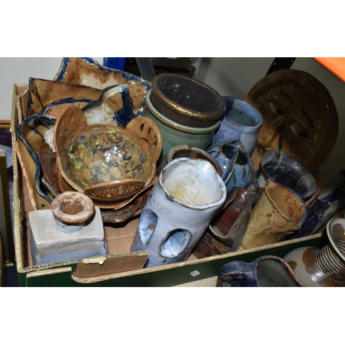 395 - TWO BOXES AND LOOSE STUDIO POTTERY, to include jugs, storage jars and bowls etc, some impressed C.H.... 