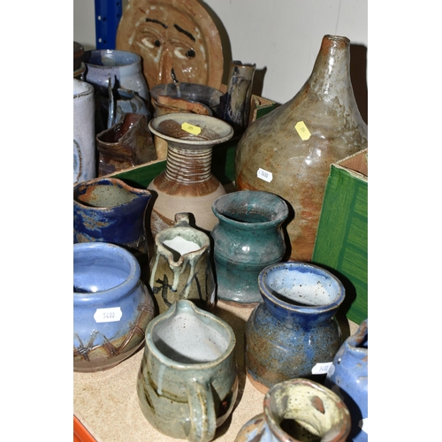 395 - TWO BOXES AND LOOSE STUDIO POTTERY, to include jugs, storage jars and bowls etc, some impressed C.H.... 