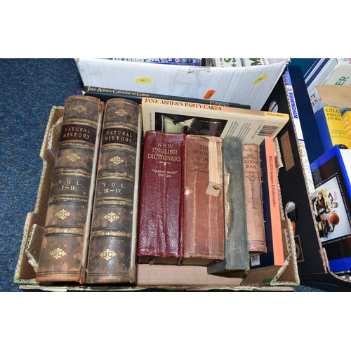 396 - FOUR BOXES OF BOOKS ETC, subjects include antiques and collectibles, cookery, art, Readers Digest se... 