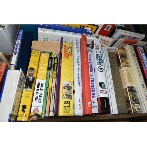 396 - FOUR BOXES OF BOOKS ETC, subjects include antiques and collectibles, cookery, art, Readers Digest se... 