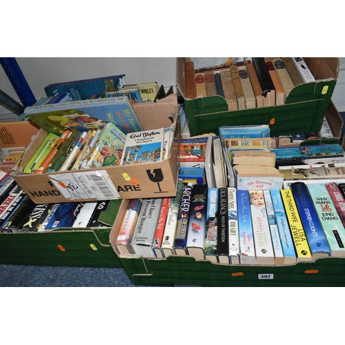 397 - SIX BOXES OF APPROXIMATELY 140 BOOKS, mostly fiction but with a number of non-fiction, authors inclu... 