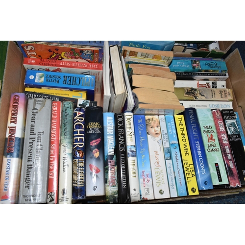 397 - SIX BOXES OF APPROXIMATELY 140 BOOKS, mostly fiction but with a number of non-fiction, authors inclu... 