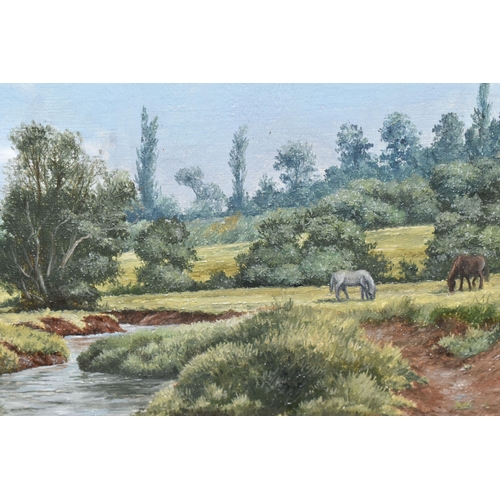 398 - BRIAN TOVEY (BRITISH 1943-) 'RIVER BLYTHE, BENTLEY HEATH', a river landscape with horses in a field,... 