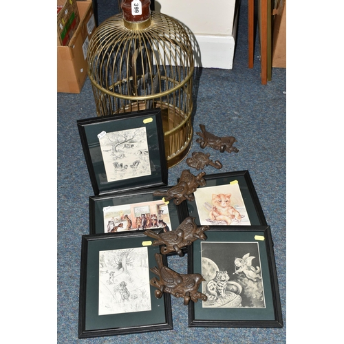 399 - A BOX AND LOOSE BIRD CAGE, LOUIS WAIN PRINTS AND CAST IRON HOOKS, comprising a brass bird cage with ... 