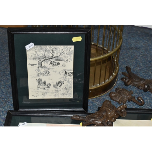 399 - A BOX AND LOOSE BIRD CAGE, LOUIS WAIN PRINTS AND CAST IRON HOOKS, comprising a brass bird cage with ... 