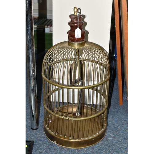 399 - A BOX AND LOOSE BIRD CAGE, LOUIS WAIN PRINTS AND CAST IRON HOOKS, comprising a brass bird cage with ... 