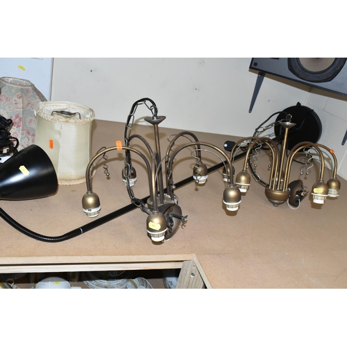 421 - DESK AND CEILING LIGHTS ETC, to include a pair of five branch ceiling lights with ten smoke damaged ... 