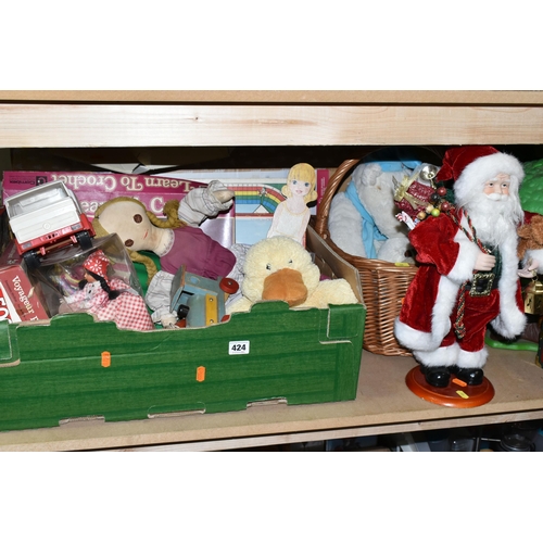 424 - TWO BOXES AND LOOSE SUNDRY ITEMS ETC, to include a four person picnic set in wicker basket, Christma... 