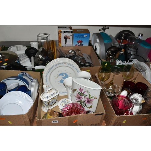 425 - SEVEN BOXES AND LOOSE KITCHEN AND DINNER WARES ETC, to include Minton Haddon Hall Blue vases, clock ... 