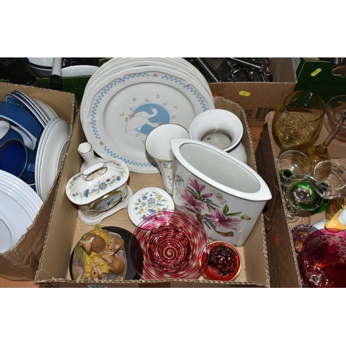 425 - SEVEN BOXES AND LOOSE KITCHEN AND DINNER WARES ETC, to include Minton Haddon Hall Blue vases, clock ... 