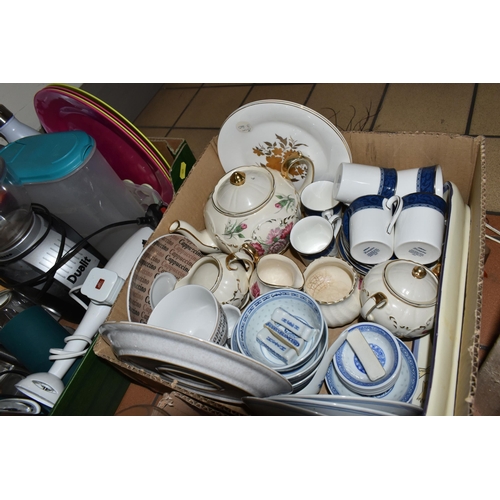 425 - SEVEN BOXES AND LOOSE KITCHEN AND DINNER WARES ETC, to include Minton Haddon Hall Blue vases, clock ... 