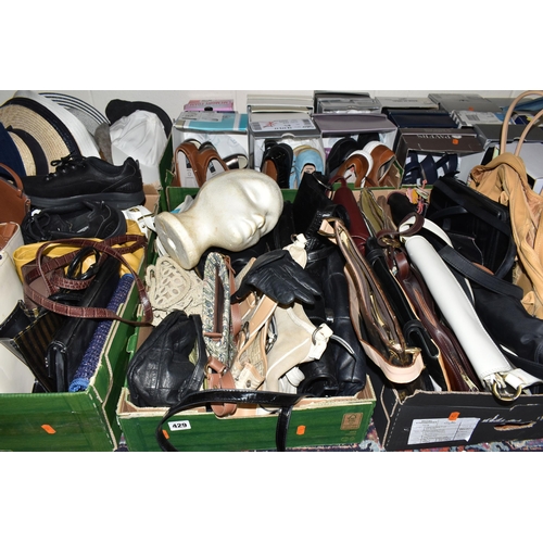 429 - EIGHT BOXES OF LADIES BAGS, HATS AND SHOES ETC, bag brands include Tula, Lotus, Tu, Estee Lauder, Ma... 