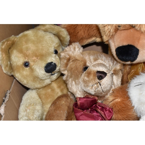 430 - THREE BOXES OF PORCELAIN DOLLS AND BEARS, to include a Merrythoughts jointed bear (playworn), an Aur... 