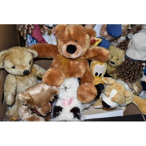 430 - THREE BOXES OF PORCELAIN DOLLS AND BEARS, to include a Merrythoughts jointed bear (playworn), an Aur... 