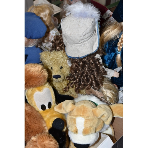 430 - THREE BOXES OF PORCELAIN DOLLS AND BEARS, to include a Merrythoughts jointed bear (playworn), an Aur... 