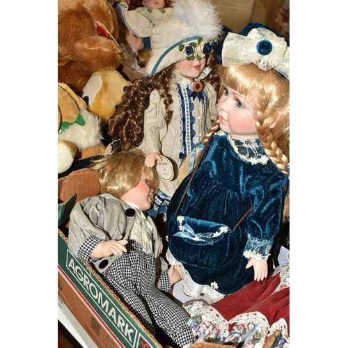 430 - THREE BOXES OF PORCELAIN DOLLS AND BEARS, to include a Merrythoughts jointed bear (playworn), an Aur... 