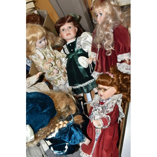 430 - THREE BOXES OF PORCELAIN DOLLS AND BEARS, to include a Merrythoughts jointed bear (playworn), an Aur... 