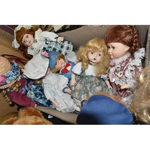 430 - THREE BOXES OF PORCELAIN DOLLS AND BEARS, to include a Merrythoughts jointed bear (playworn), an Aur... 