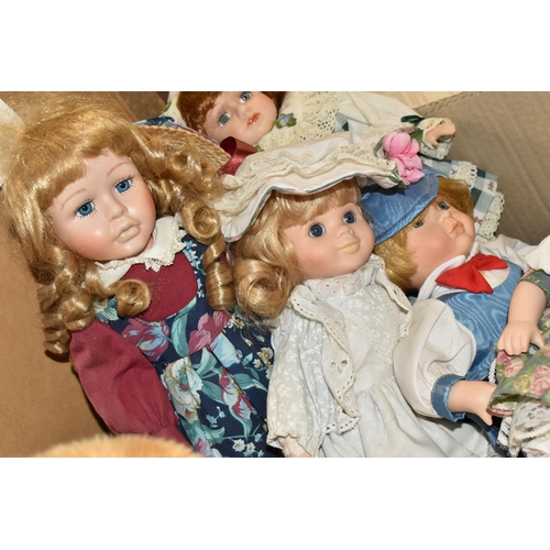 430 - THREE BOXES OF PORCELAIN DOLLS AND BEARS, to include a Merrythoughts jointed bear (playworn), an Aur... 