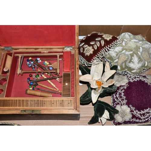 432 - ONE BOX OF VICTORIAN BEADED PIN CUSHIONS AND SEWING SUNDRIES, to include a wooden sewing box decorat... 