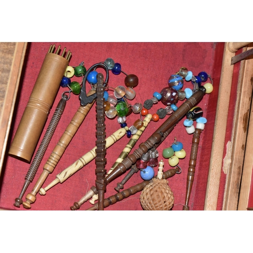 432 - ONE BOX OF VICTORIAN BEADED PIN CUSHIONS AND SEWING SUNDRIES, to include a wooden sewing box decorat... 