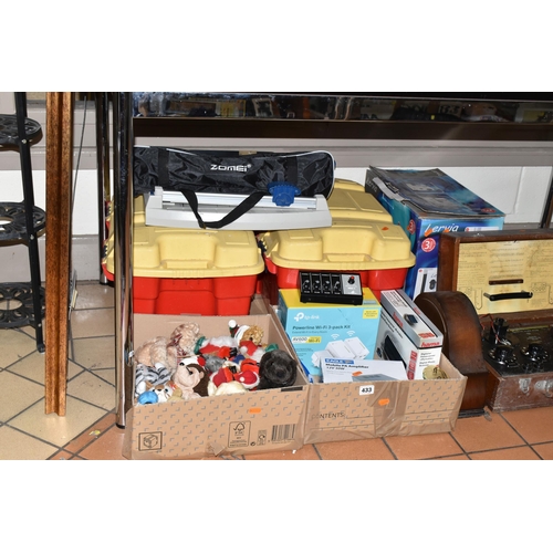 433 - TWO BOXES OF MISCELLANEOUS SUNDRIES, to include a Cambridge Instrument Decade Bridge  resistance tes... 