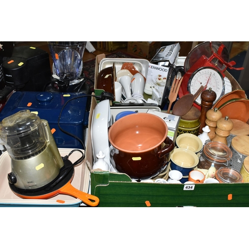 434 - TWO BOXES OF KITCHEN EQUIPMENT, to include a boxed Kenwood hand mixer, Kilner jars, kitchen scales, ... 