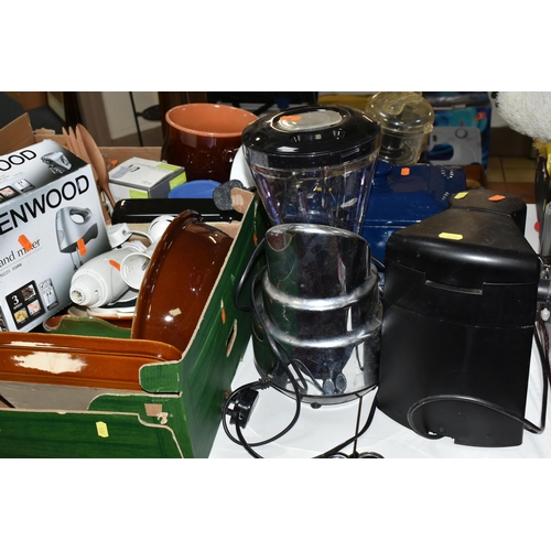 434 - TWO BOXES OF KITCHEN EQUIPMENT, to include a boxed Kenwood hand mixer, Kilner jars, kitchen scales, ... 