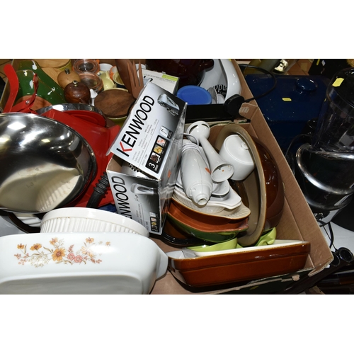 434 - TWO BOXES OF KITCHEN EQUIPMENT, to include a boxed Kenwood hand mixer, Kilner jars, kitchen scales, ... 