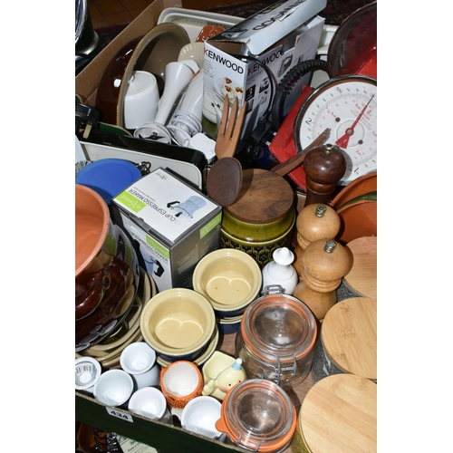 434 - TWO BOXES OF KITCHEN EQUIPMENT, to include a boxed Kenwood hand mixer, Kilner jars, kitchen scales, ... 