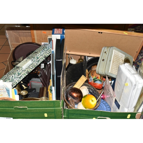 435 - FOUR BOXES AND LOOSE MISCELLANEOUS SUNDRIES, to include a cast set of balance scales, with brass pan... 