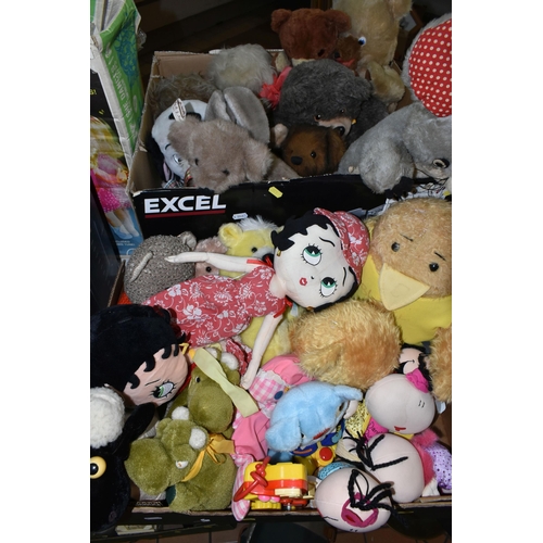 436 - FOUR BOXES OF VINTAGE DOLLS, BOARD GAMES AND SOFT TOYS, to include a H. J. Nash handmade bear, a 198... 