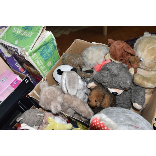 436 - FOUR BOXES OF VINTAGE DOLLS, BOARD GAMES AND SOFT TOYS, to include a H. J. Nash handmade bear, a 198... 