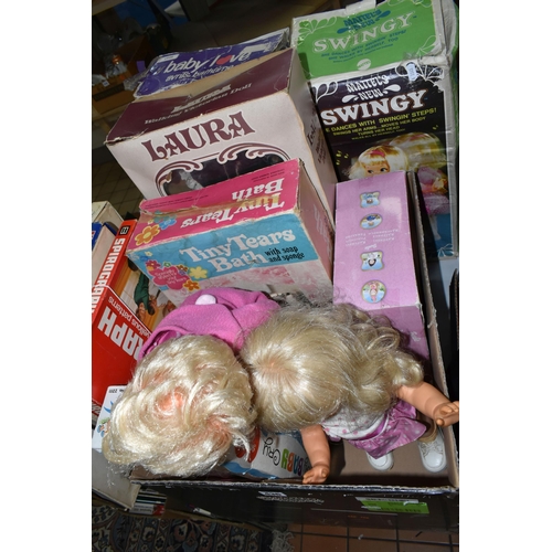 436 - FOUR BOXES OF VINTAGE DOLLS, BOARD GAMES AND SOFT TOYS, to include a H. J. Nash handmade bear, a 198... 